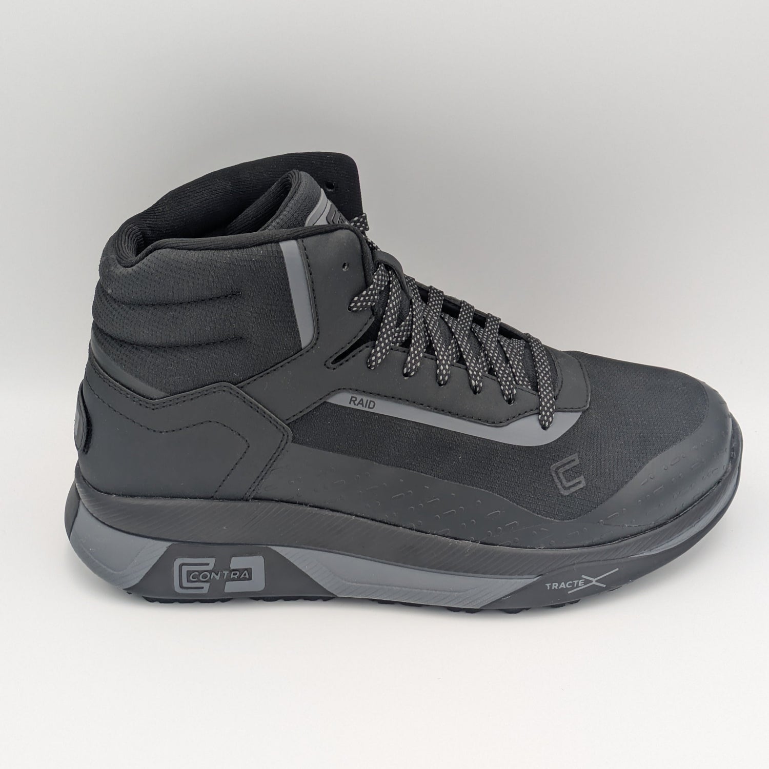 Gray and Black high-top roofing boot sneaker on a white background