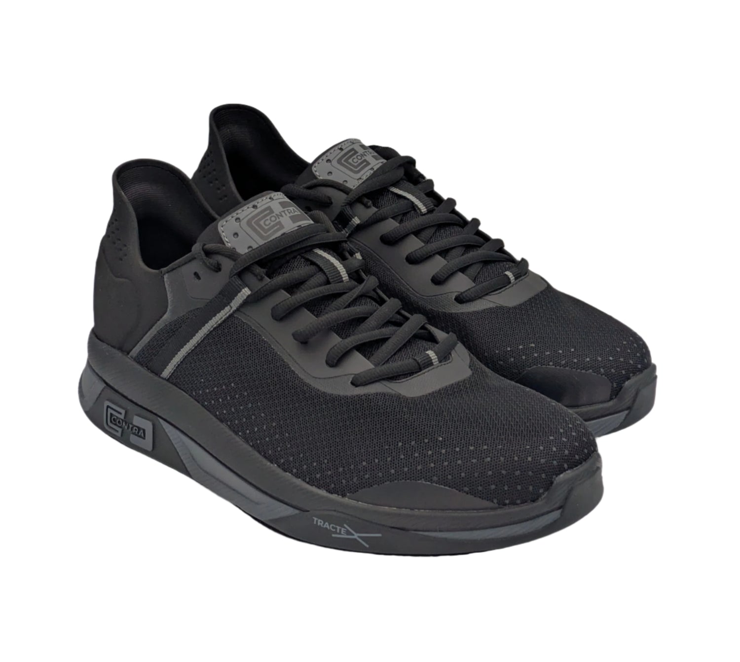 Black athletic workwear shoes with gray accents on a light gray background