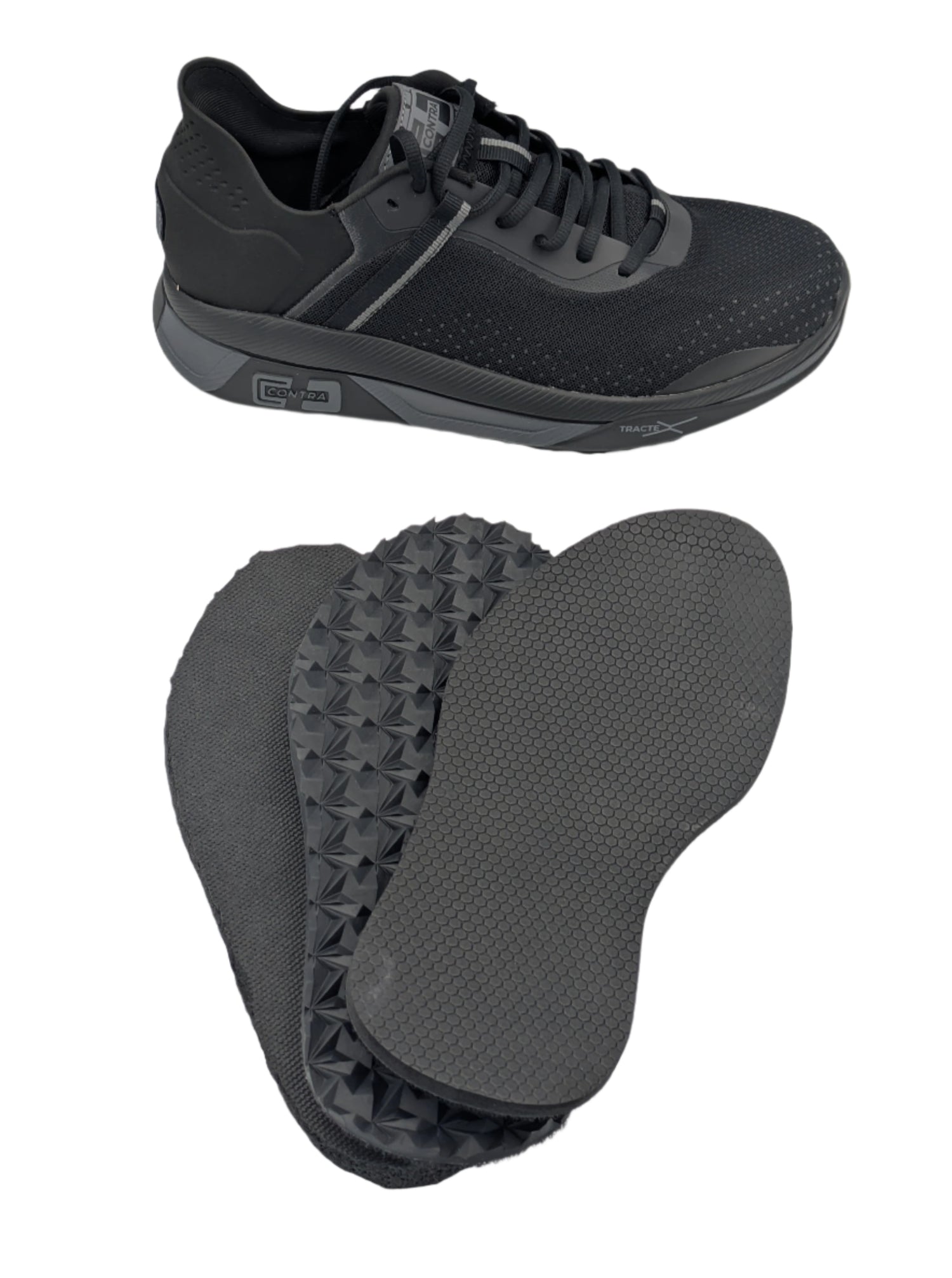 Black athletic shoe with a close-up of its sole on a white background