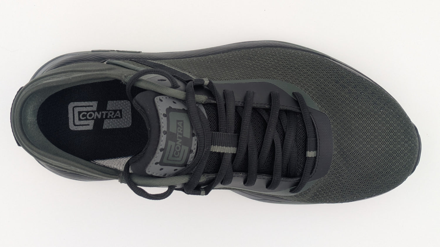 Gray sneaker with 'Contra' branding on a white background