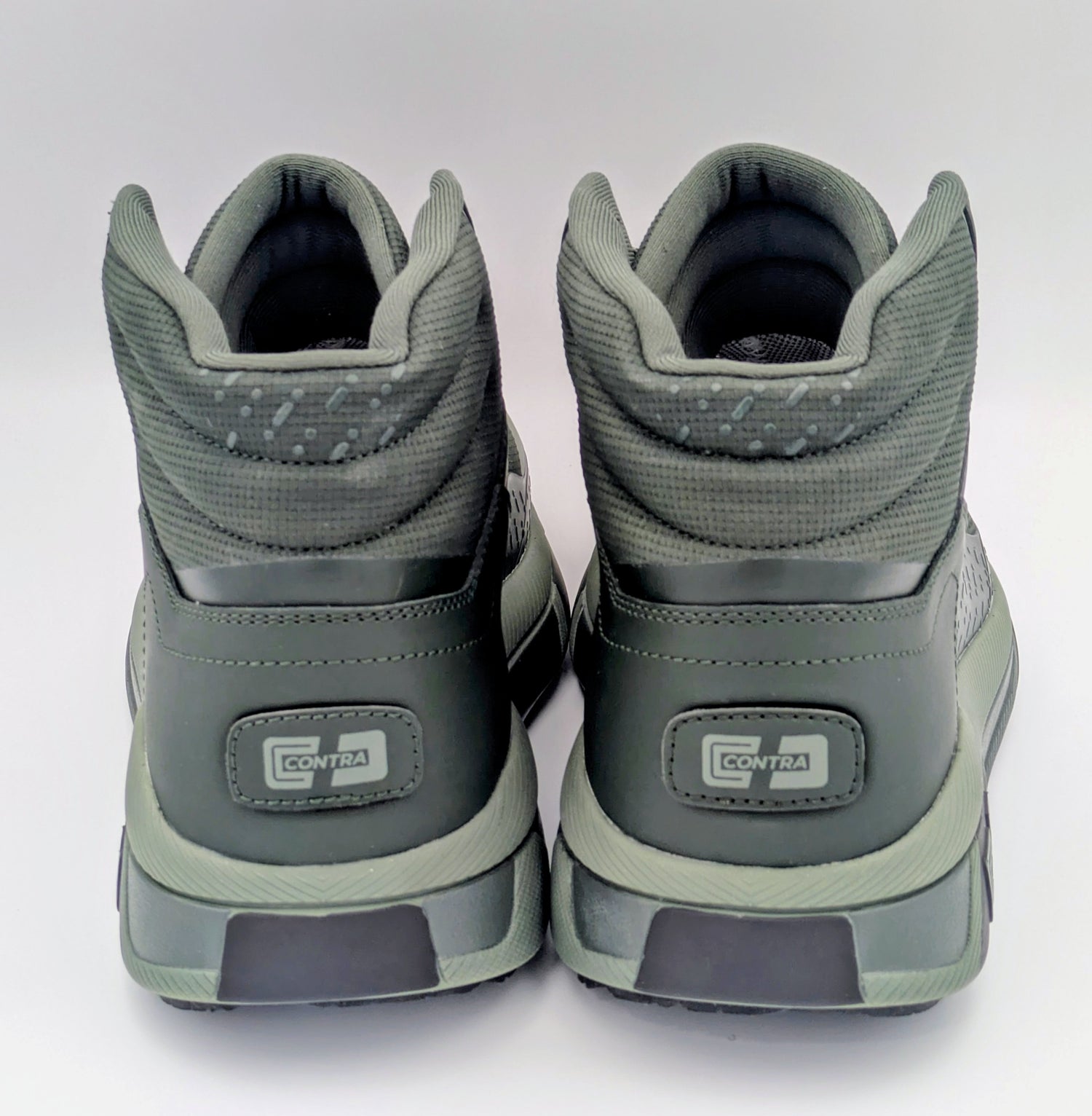 Pair of gray high-top sneakers with a visible brand logo on a white background