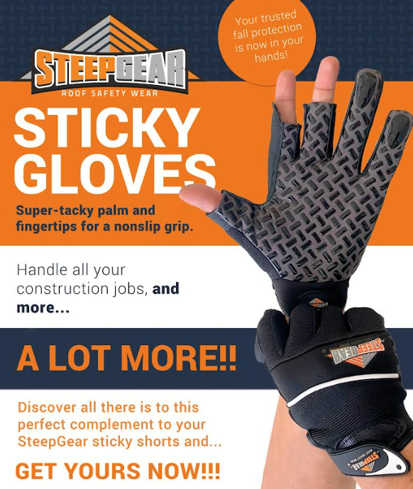 Advertisement for SteepGear sticky gloves with a gloved hand and promotional text.